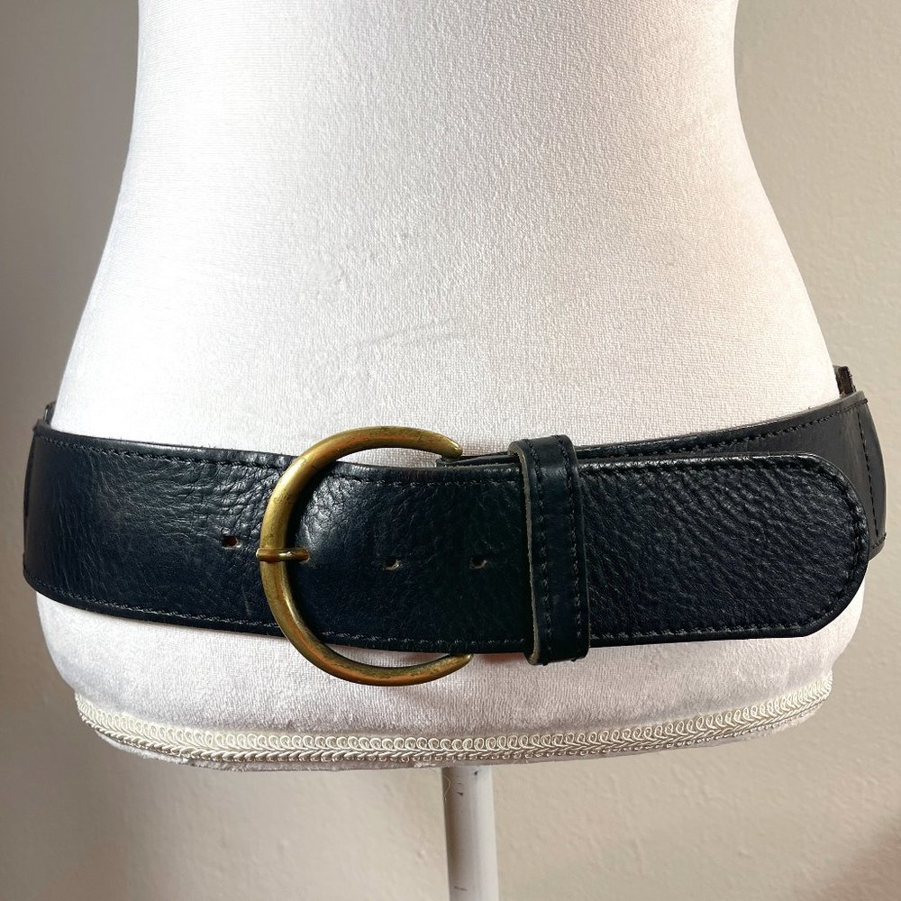 GF FERRE Black Leather Sectioned Belt with Bronze Plaques